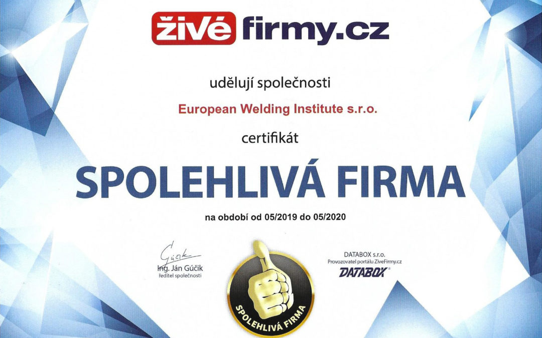 Certifikát SPOLEHLIVÁ FIRMA